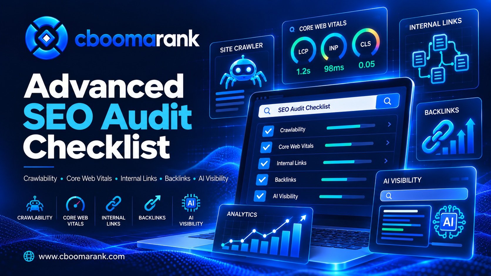 CBOOMARANK advanced SEO audit checklist covering crawlability, Core Web Vitals, internal links, backlinks, analytics and AI search visibility