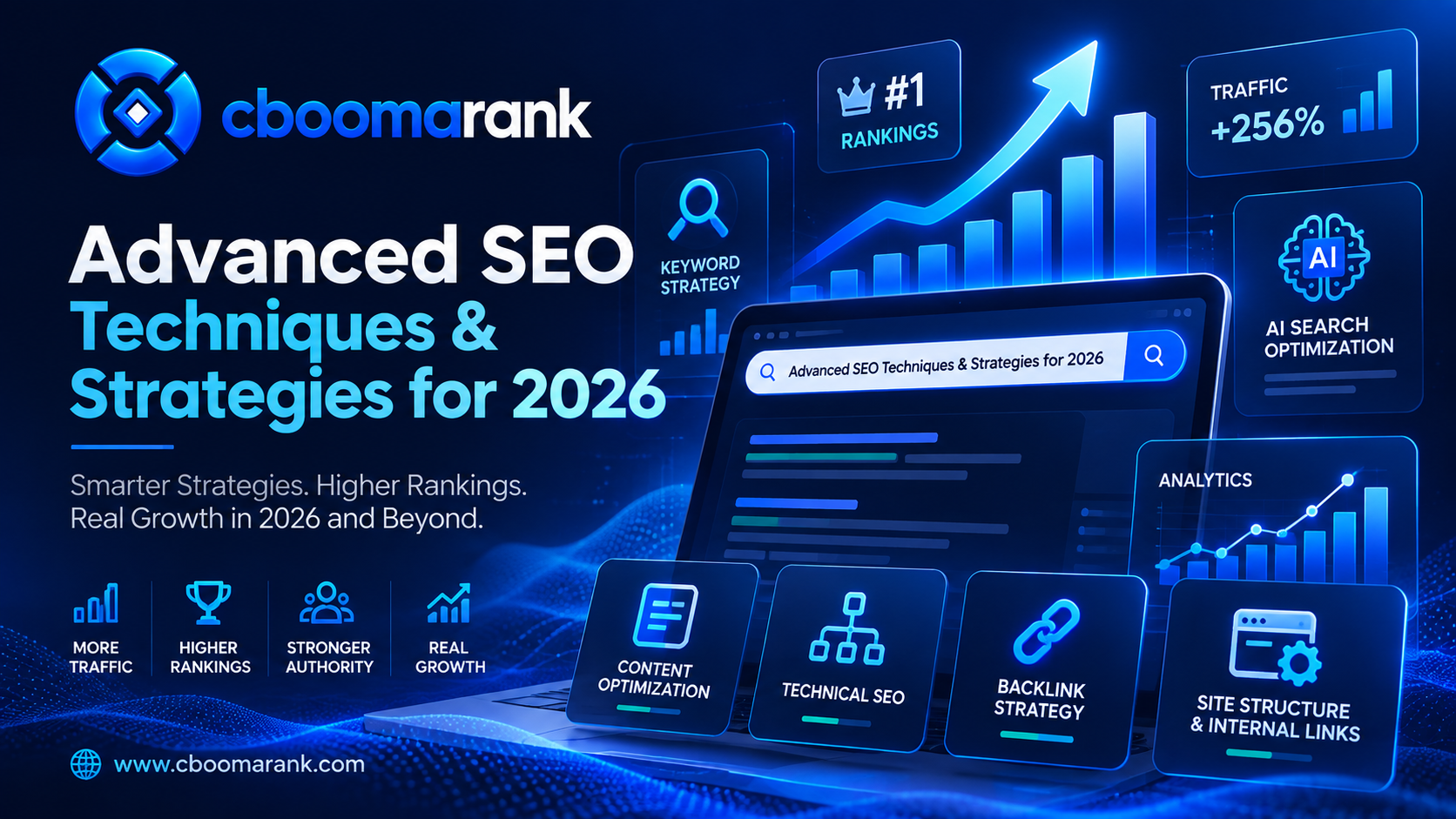 CBOOMARANK advanced SEO techniques and strategies for 2026 covering technical SEO, content optimization, backlinks, AI search and organic growth