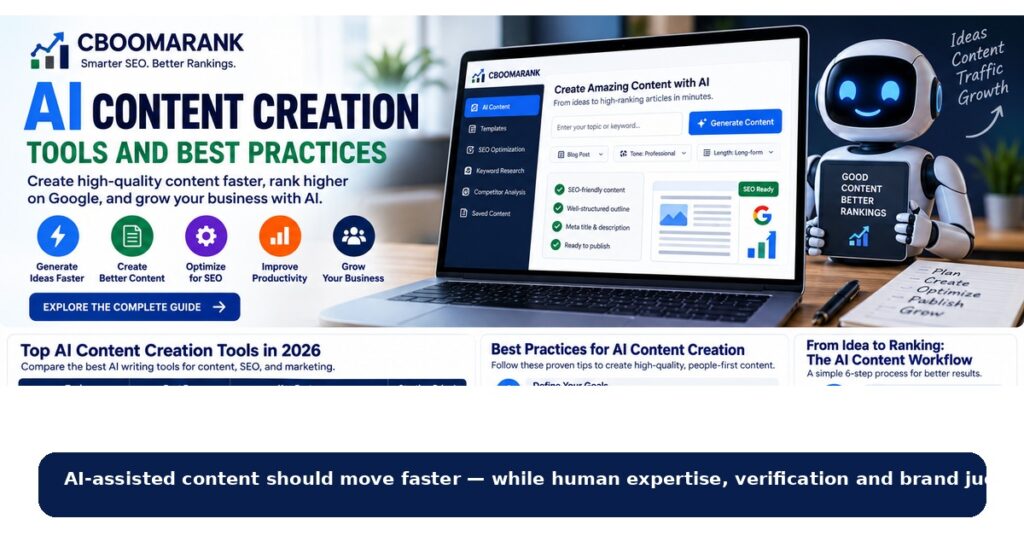 AI content creation tools and best practices guide with CBOOMARANK branding, AI writing dashboard, tool comparison, workflow and quality checklist.