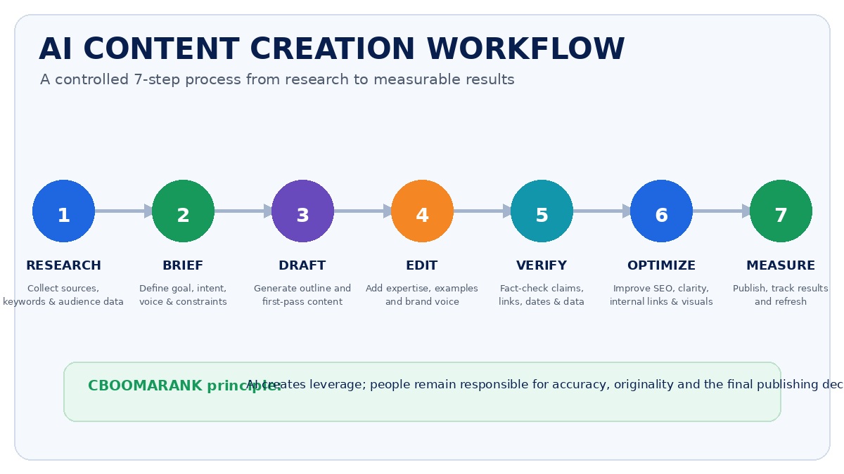 AI content creation workflow showing research, generation, editing, SEO optimization, quality checks, publishing and performance improvement.