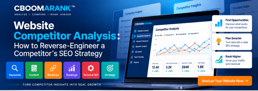Website competitor analysis infographic showing how to research competitor keywords, content, backlinks, rankings and SEO strategy