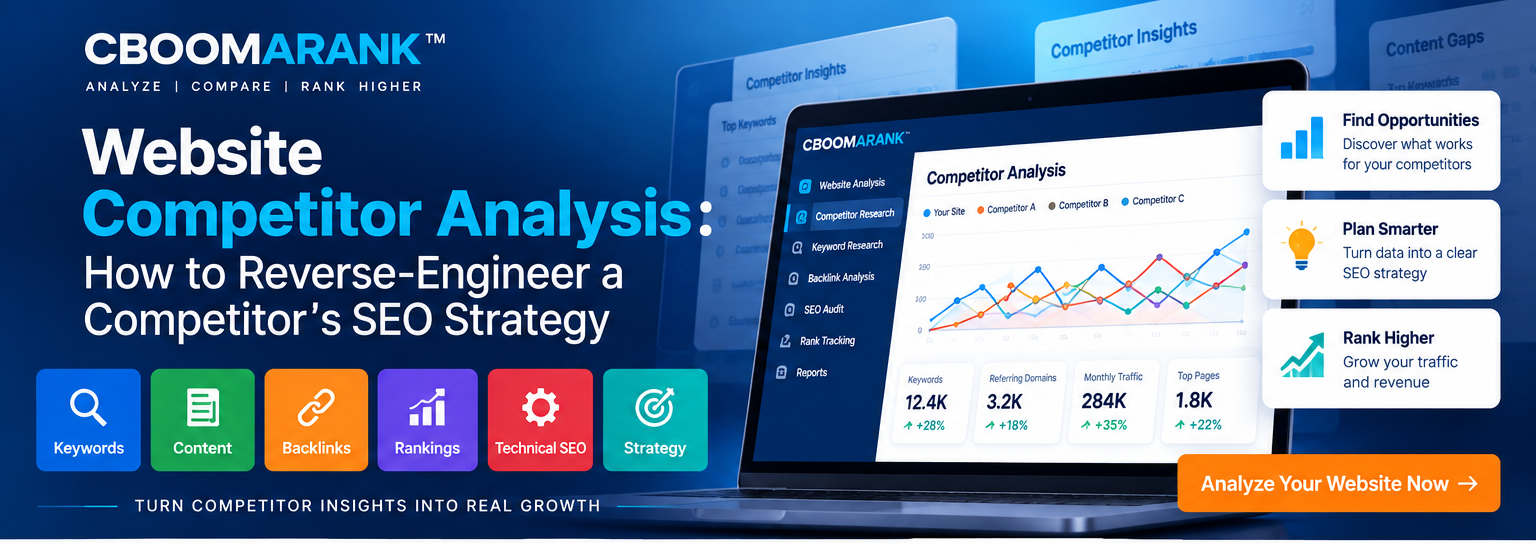 Website competitor analysis infographic showing how to research competitor keywords, content, backlinks, rankings and SEO strategy