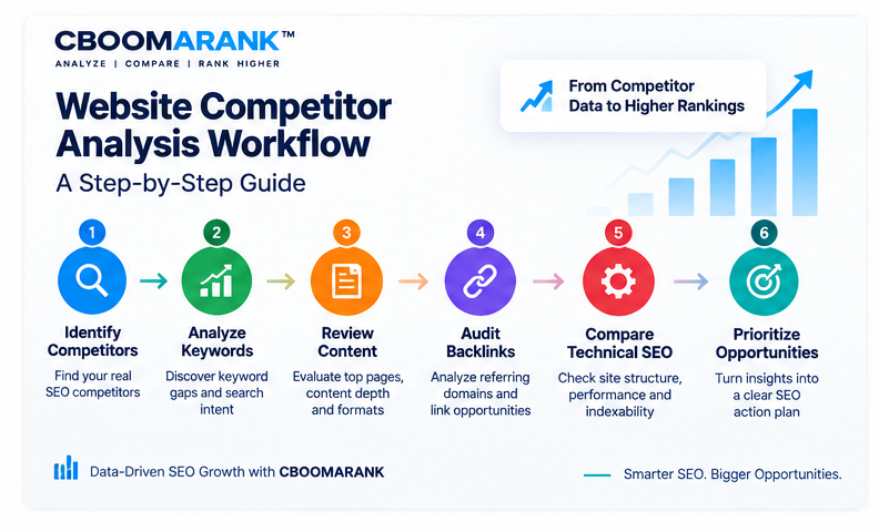 Website competitor analysis workflow showing keyword research, content analysis, backlink research and technical SEO comparison