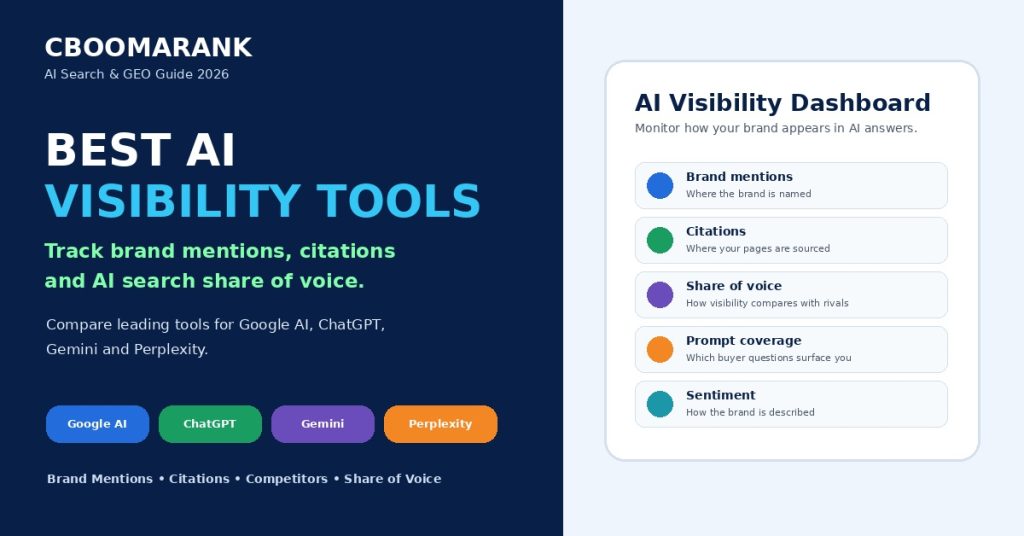 Best AI visibility tools in 2026 for tracking brand mentions, citations, competitors and share of voice across Google AI, ChatGPT, Gemini and Perplexity.
