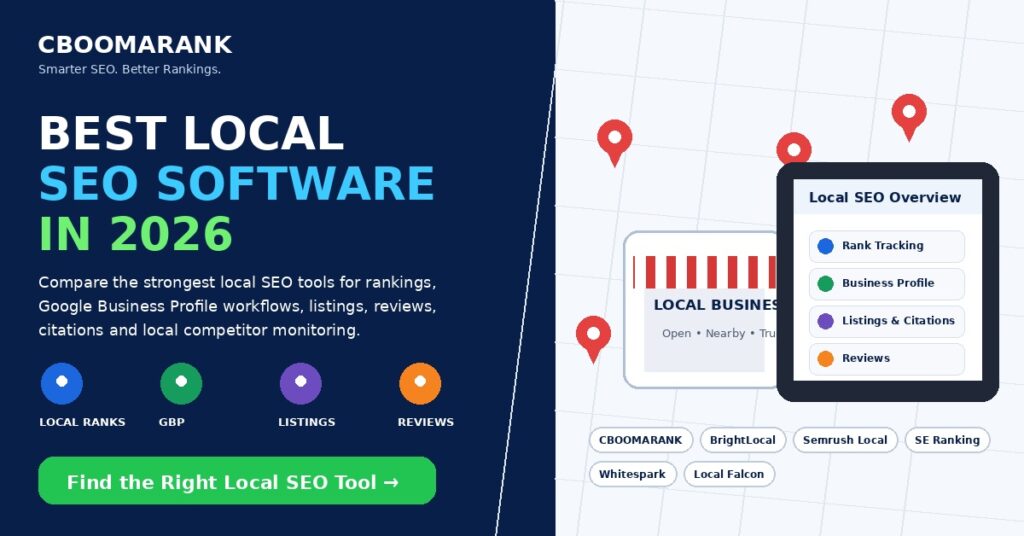 Best local SEO software in 2026 comparison featuring CBOOMARANK, BrightLocal, Semrush Local, SE Ranking, Whitespark and Local Falcon