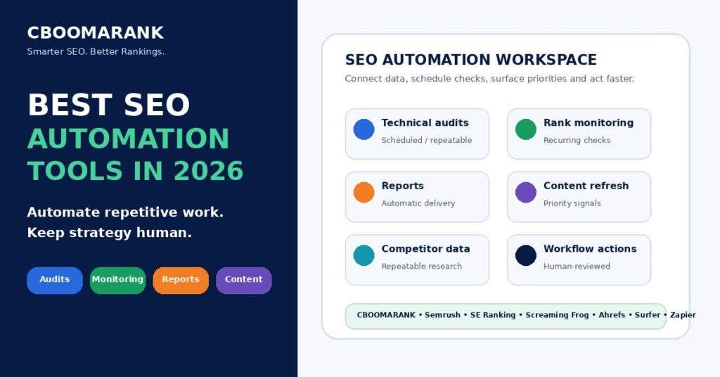 Best SEO automation tools in 2026 featuring CBOOMARANK and workflows for audits, monitoring, reporting and content optimization.