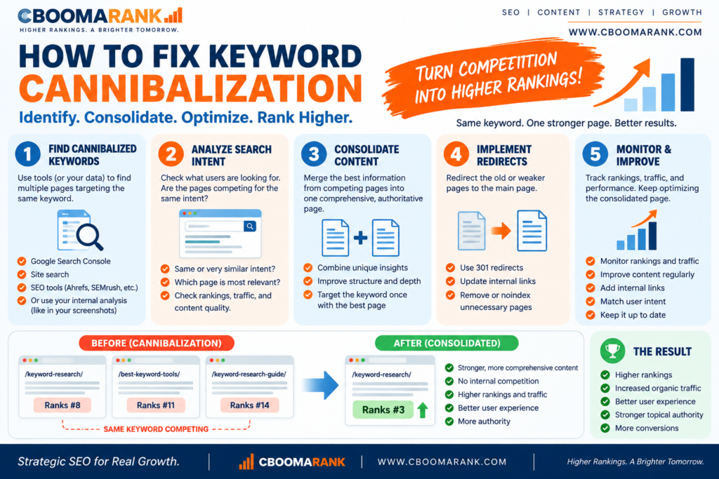 Keyword cannibalization infographic showing how to identify, consolidate and optimize competing pages