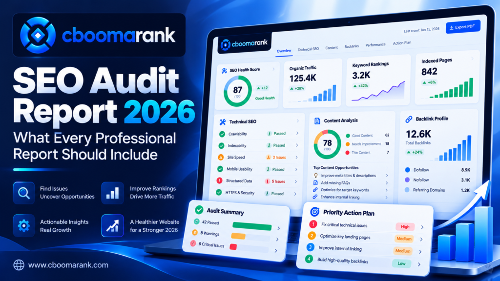 CBOOMARANK SEO audit report 2026 showing technical SEO, content quality, backlinks, performance metrics, priorities and action plan
