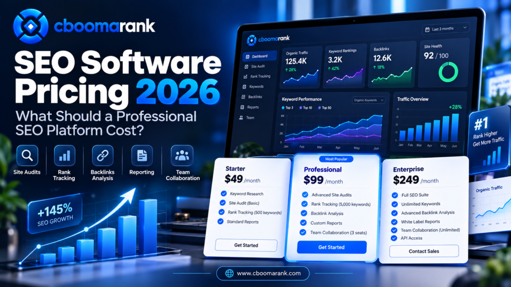 CBOOMARANK SEO software pricing 2026 guide comparing professional SEO platform costs, features, plans and value for businesses