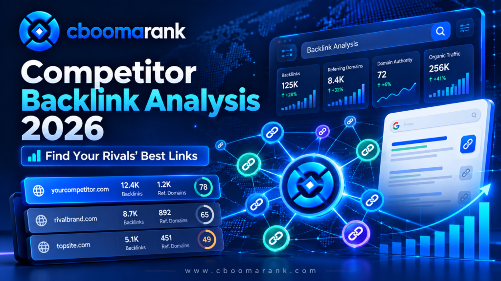 CBOOMARANK competitor backlinks analysis 2026 showing referring domains, authority metrics and rival link opportunities