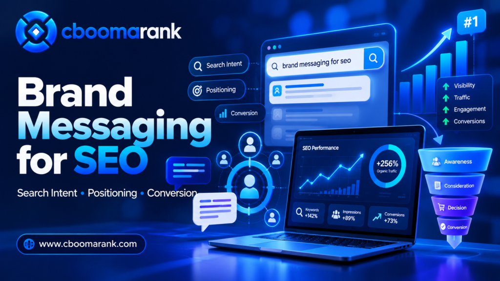 Brand messaging for SEO dashboard showing search intent positioning messaging clarity and conversion performance with CBOOMARANK
