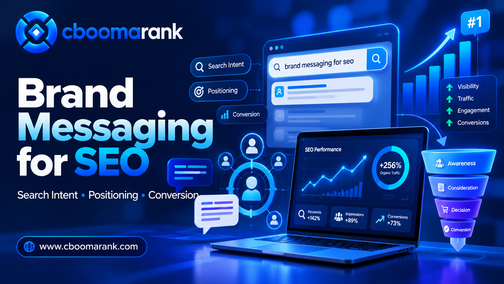 Brand messaging for SEO dashboard showing search intent positioning messaging clarity and conversion performance with CBOOMARANK