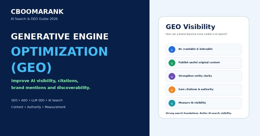 Generative Engine Optimization GEO guide for 2026 covering AI visibility, citations, brand mentions, discoverability, SEO, AEO and LLM search optimization.