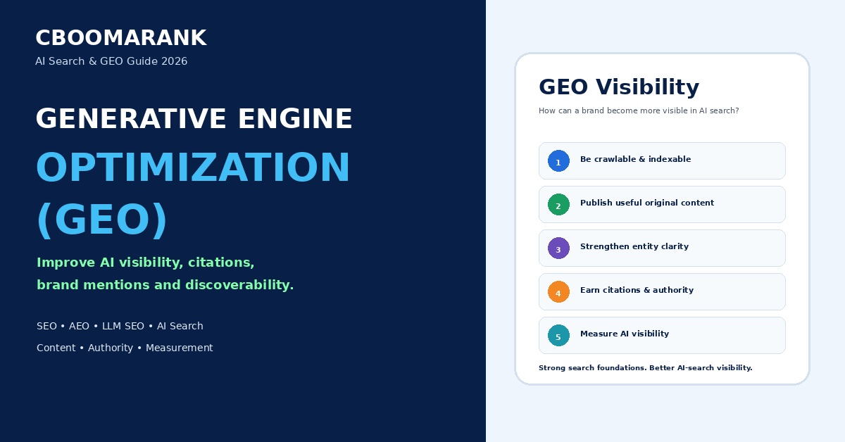 Generative Engine Optimization GEO guide for 2026 covering AI visibility, citations, brand mentions, discoverability, SEO, AEO and LLM search optimization.