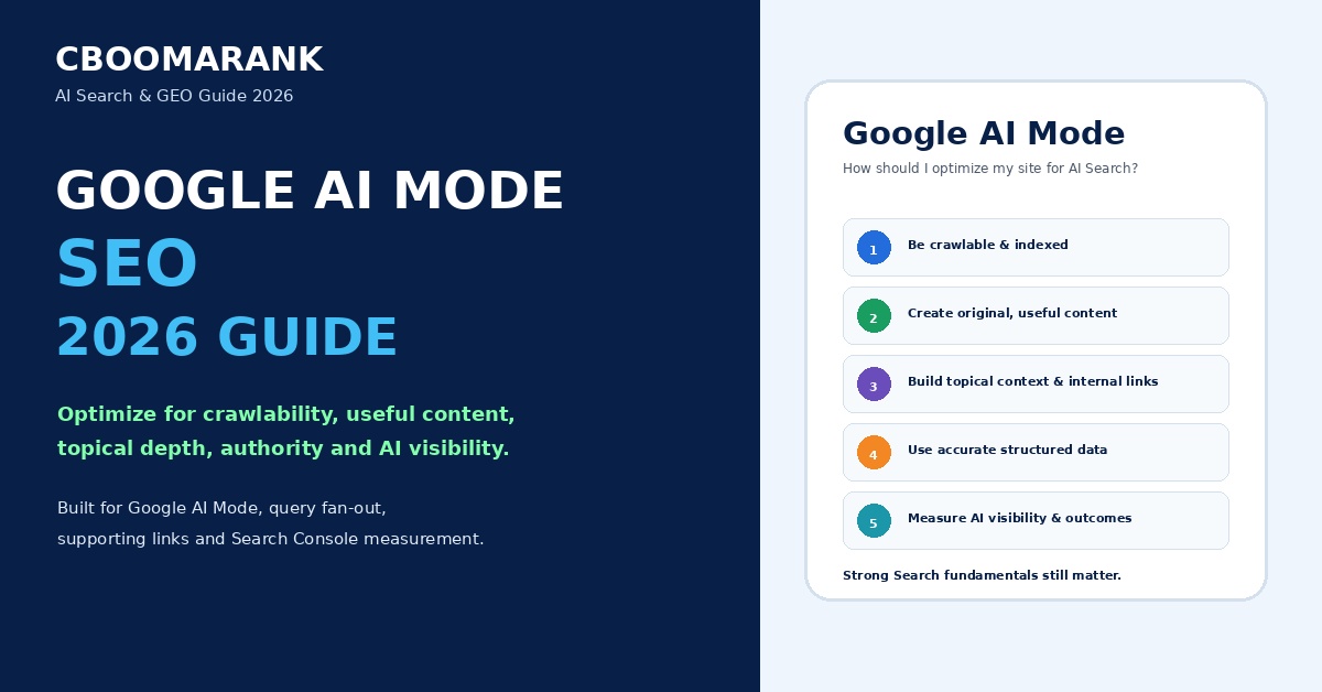 Google AI Mode SEO 2026 guide covering crawlability, indexing, useful content, topical depth, internal linking, structured data and AI visibility measurement.