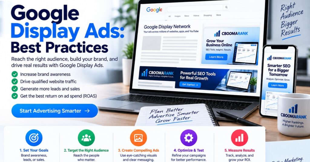 Featured image showing how to improve Google Ads Quality Score with expected CTR, ad relevance, landing page experience and a rising performance dashboard.