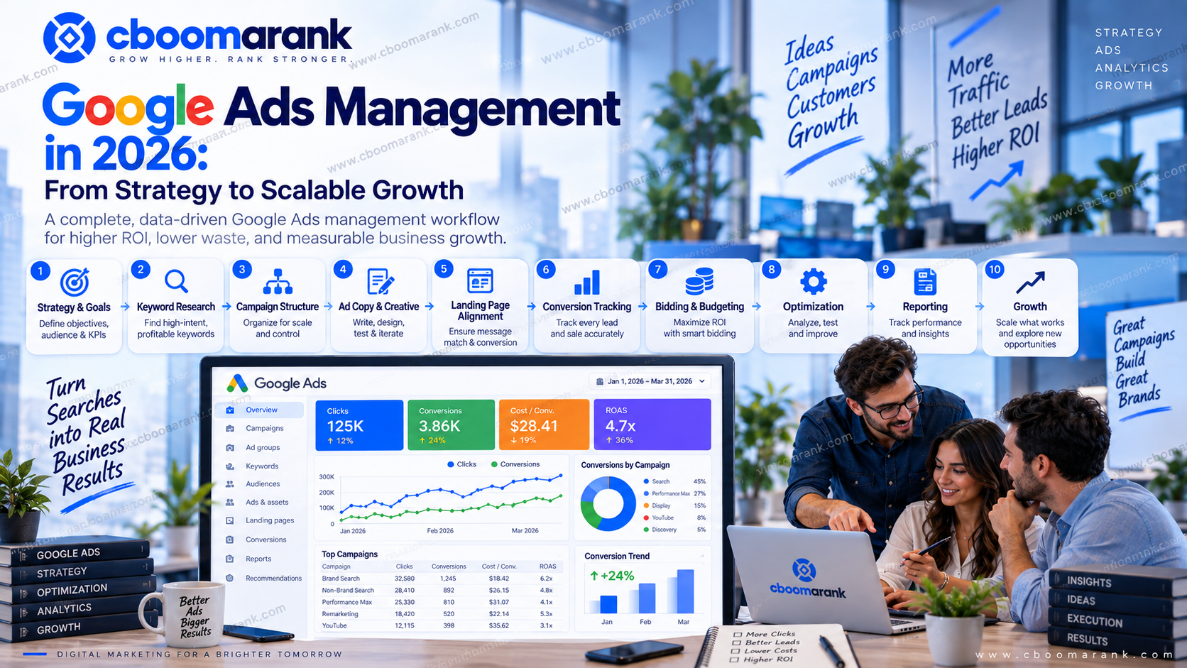 Google Ads management workflow showing strategy, keyword research, campaign setup, conversion tracking, bidding, optimization, reporting and growth