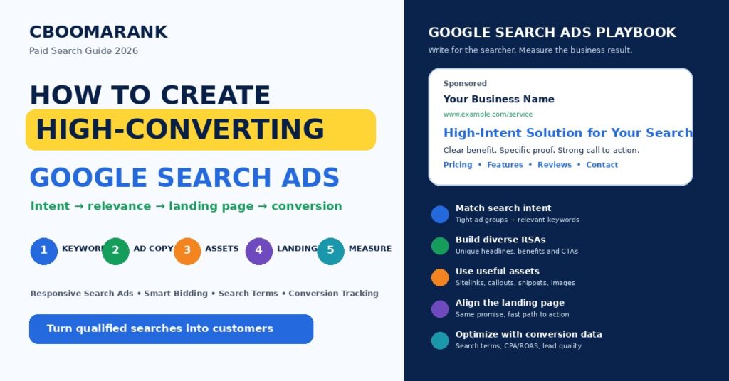 How to create high-converting Google Search Ads in 2026 using keyword intent, responsive search ads, ad assets, landing-page alignment and conversion tracking.