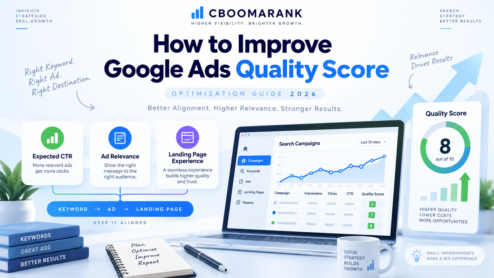 Supporting image showing the three Google Ads Quality Score components: expected CTR, ad relevance and landing page experience.