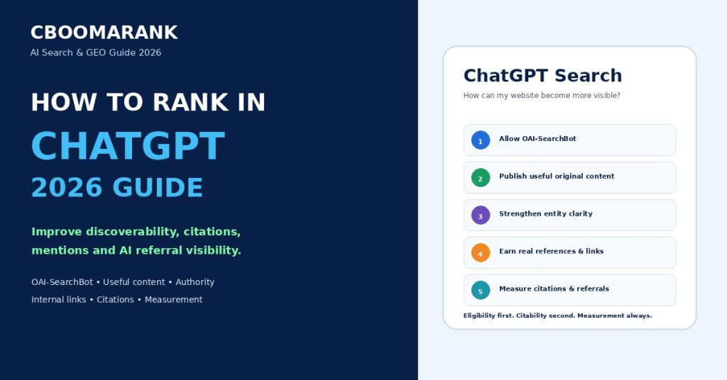 How to rank in ChatGPT in 2026 guide covering OAI-SearchBot, useful content, entity clarity, authority, citations and AI referral measurement.