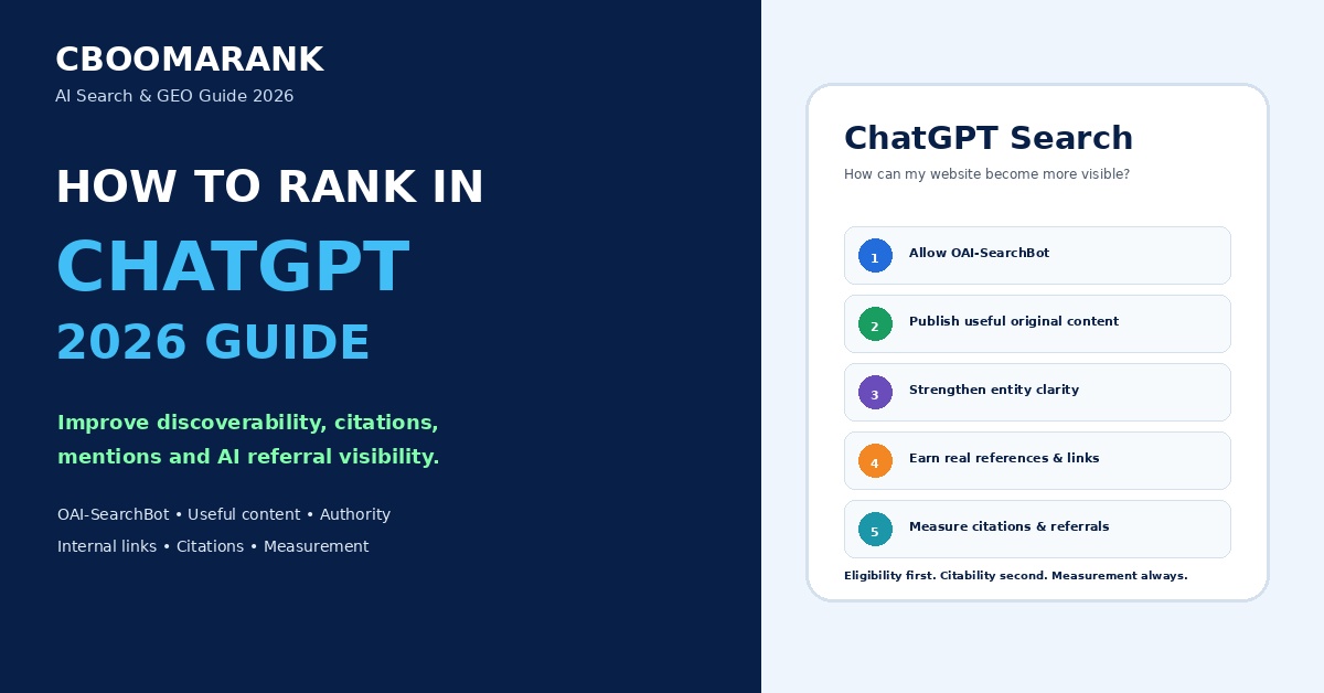 How to rank in ChatGPT in 2026 guide covering OAI-SearchBot, useful content, entity clarity, authority, citations and AI referral measurement.