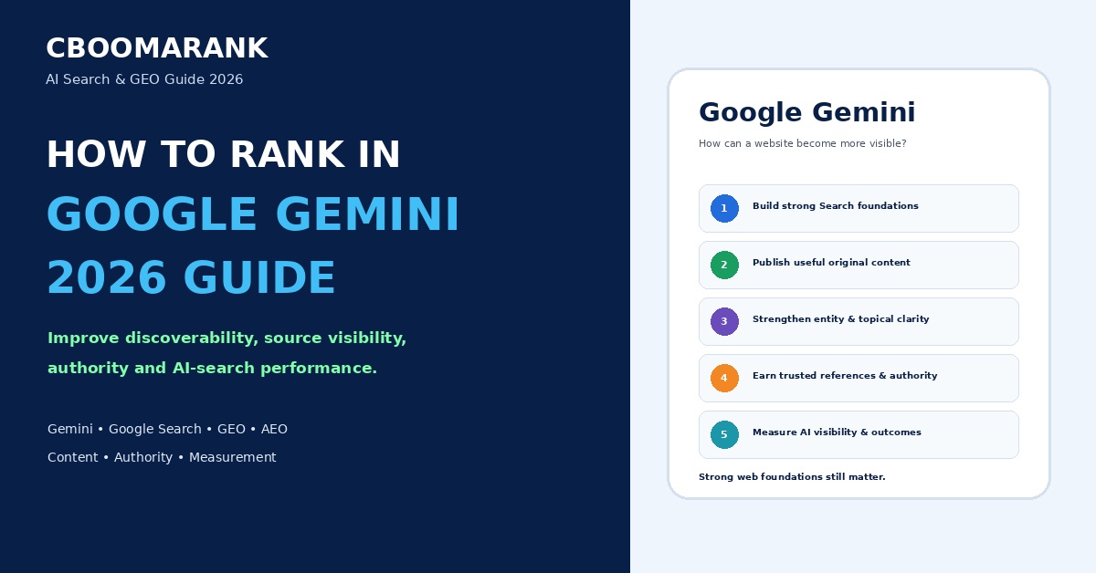 How to rank in Google Gemini in 2026 using SEO, original content, topical depth, entity clarity, authority and AI visibility measurement.