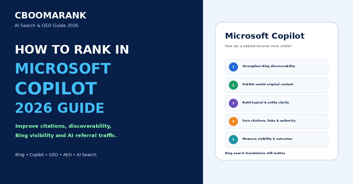 How to rank in Microsoft Copilot in 2026 using Bing SEO, original content, topical depth, authority, citations and AI visibility measurement.