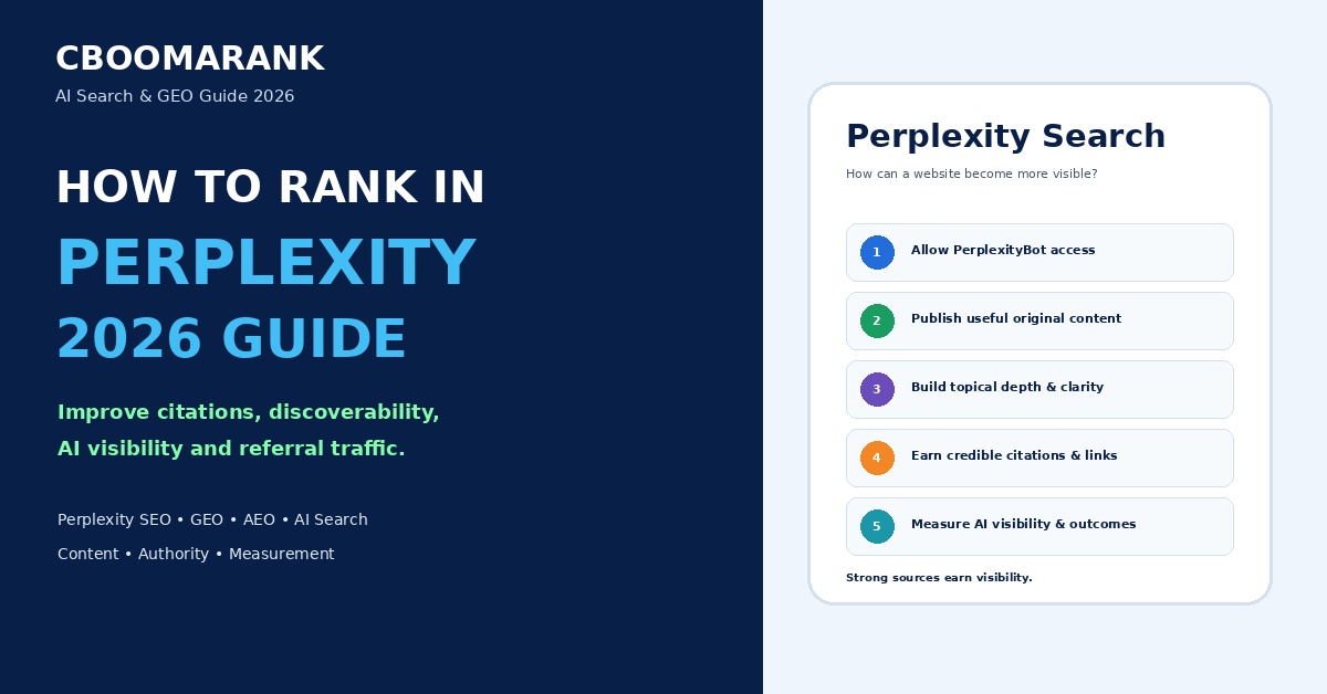 How to rank in Perplexity in 2026 using SEO, useful original content, citations, topical depth, authority and AI visibility measurement.