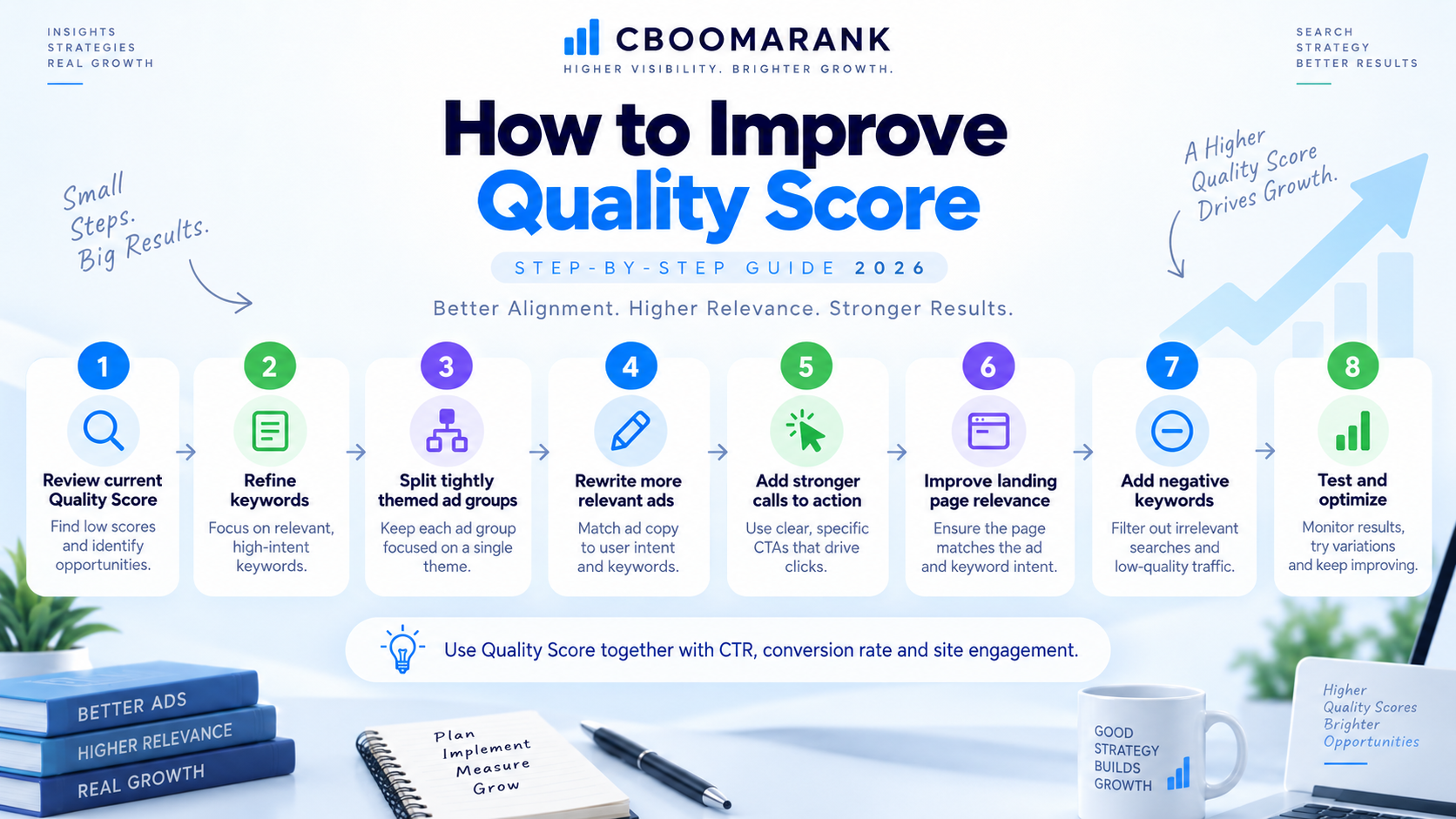 Supporting image showing an eight-step process for improving Google Ads Quality Score from review to optimization.