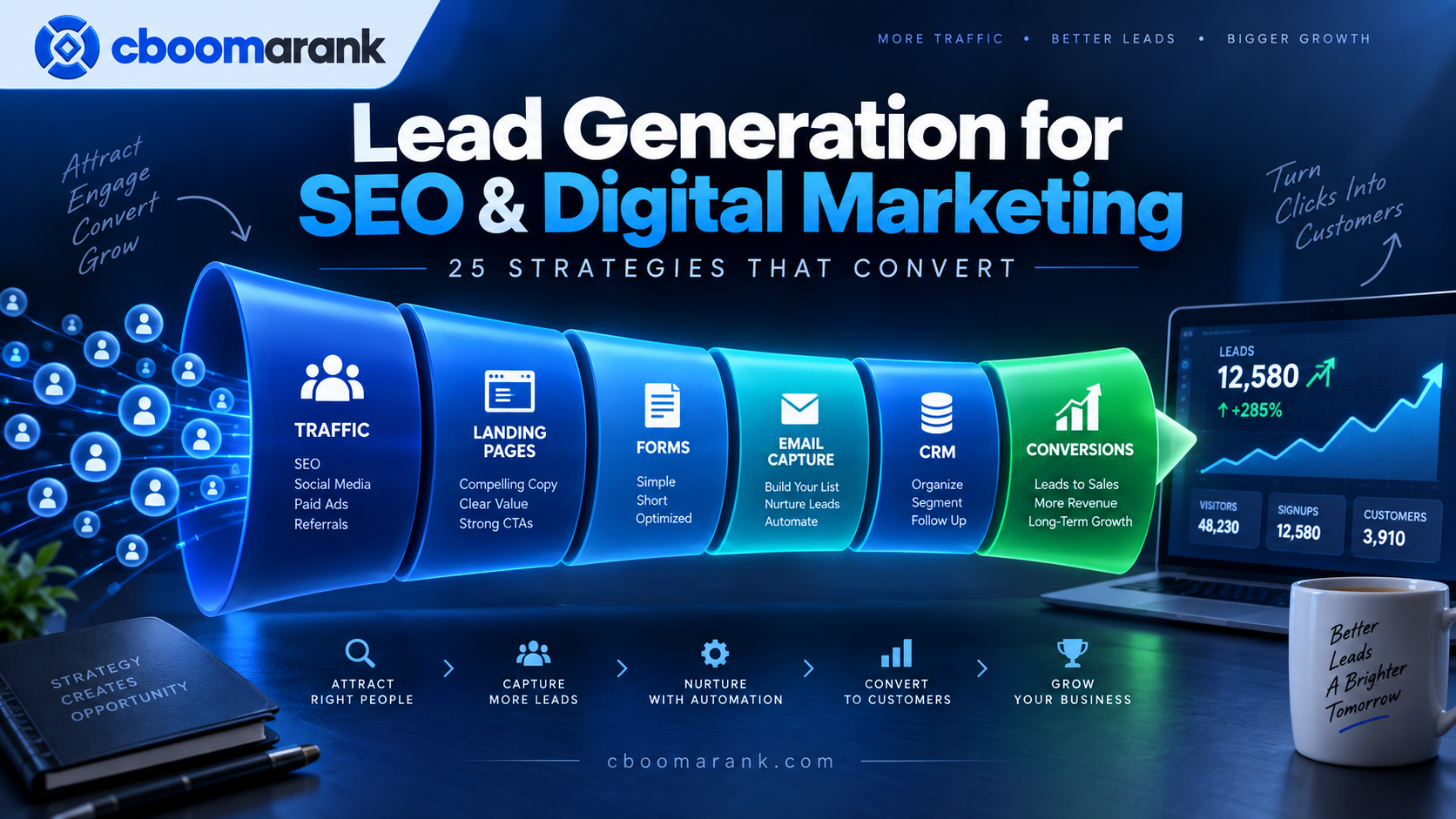 Lead generation for SEO and digital marketing showing traffic, landing pages, forms, email capture, CRM and conversions