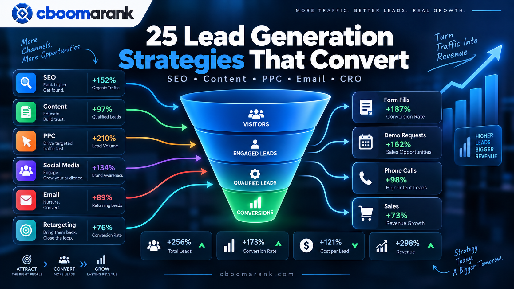 25 lead generation strategies that convert using SEO, content marketing, PPC, email, retargeting and conversion optimization