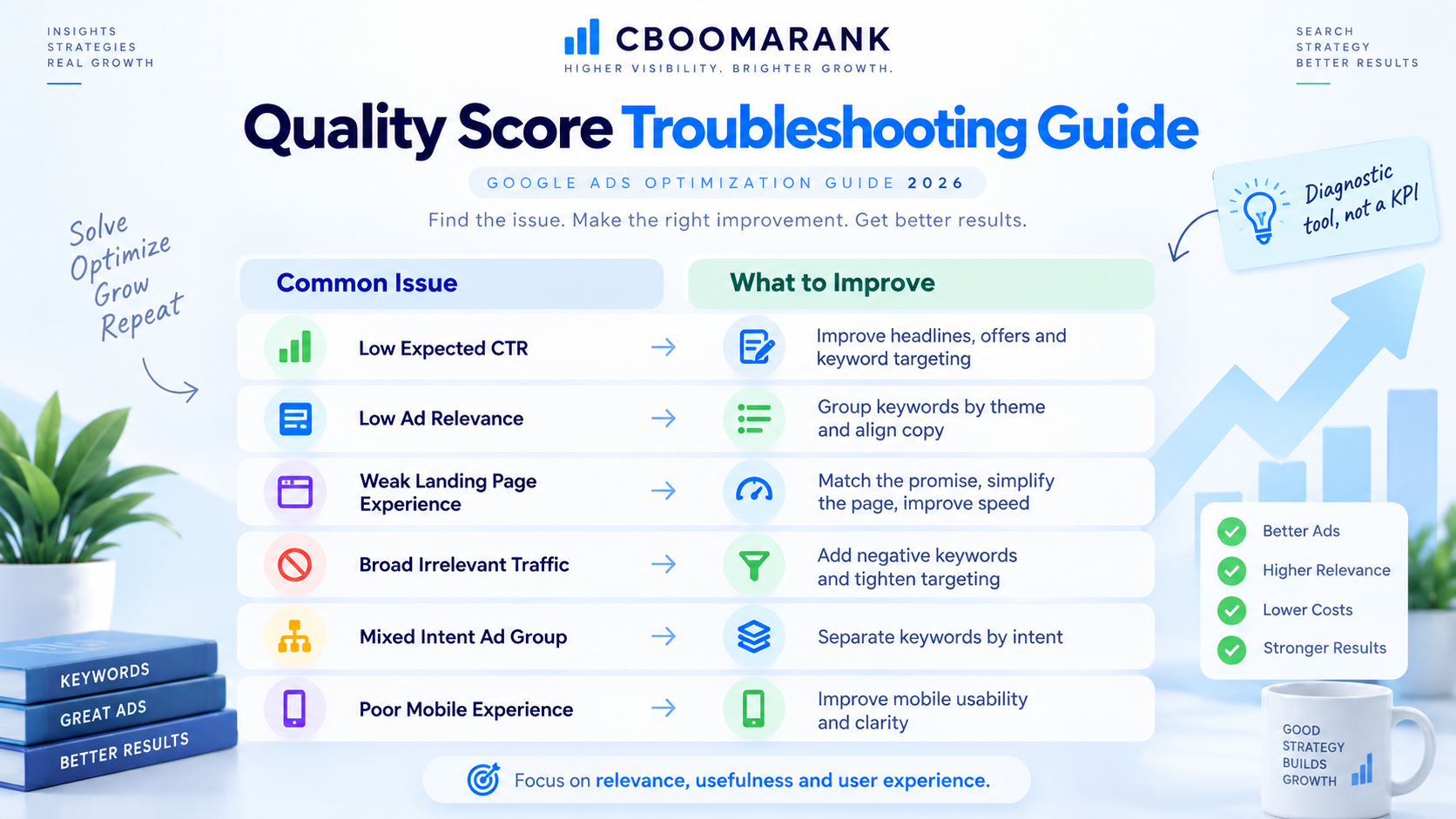 Supporting image showing a troubleshooting guide that connects common Google Ads Quality Score issues with the right optimization action.