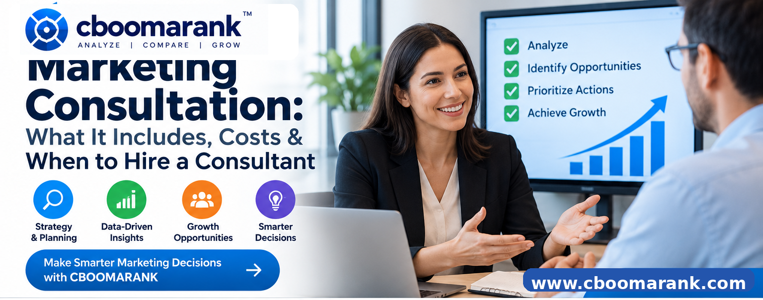 Marketing consultation guide showing strategy planning data analysis growth opportunities and smarter marketing decisions