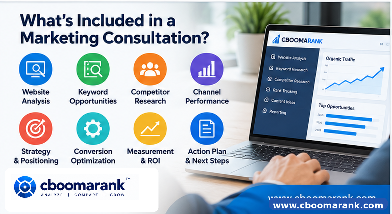 Marketing consultation services including website analysis keyword opportunities competitor research conversion optimization and ROI measurement