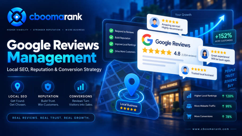 Google reviews management strategy for local SEO reputation growth and higher conversions with CBOOMARANK