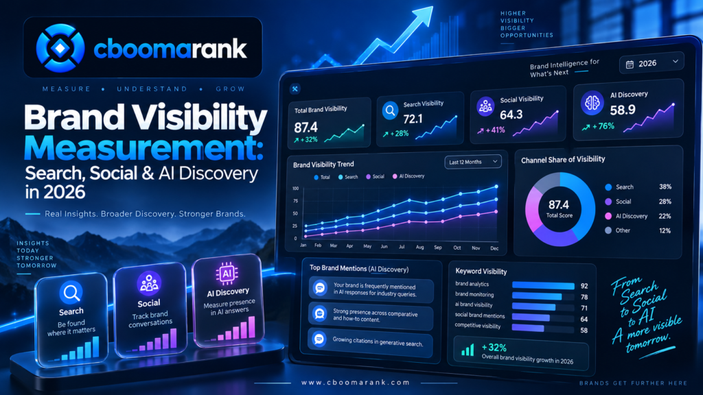 Brand visibility measurement dashboard for search social media and AI discovery with CBOOMARANK
