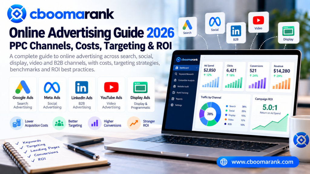 CBOOMARANK online advertising guide 2026 showing PPC channels, advertising costs, targeting, conversions and ROI benchmarks