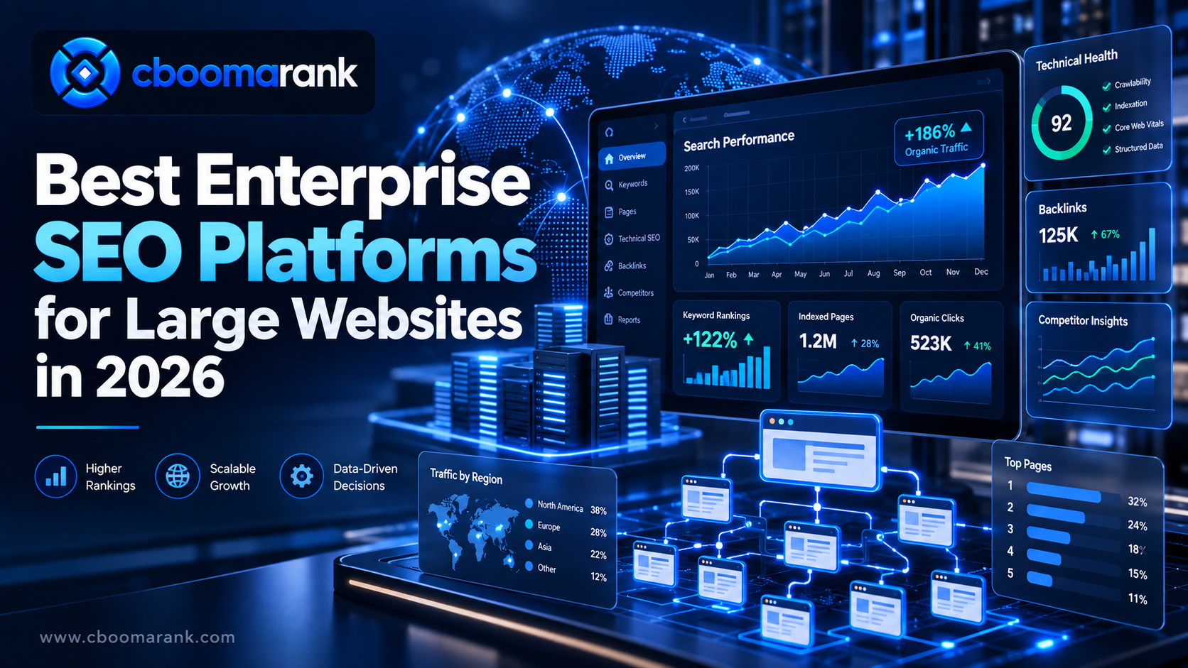CBOOMARANK enterprise SEO platform for large websites showing technical SEO, rankings, backlinks, traffic and scalable search performance