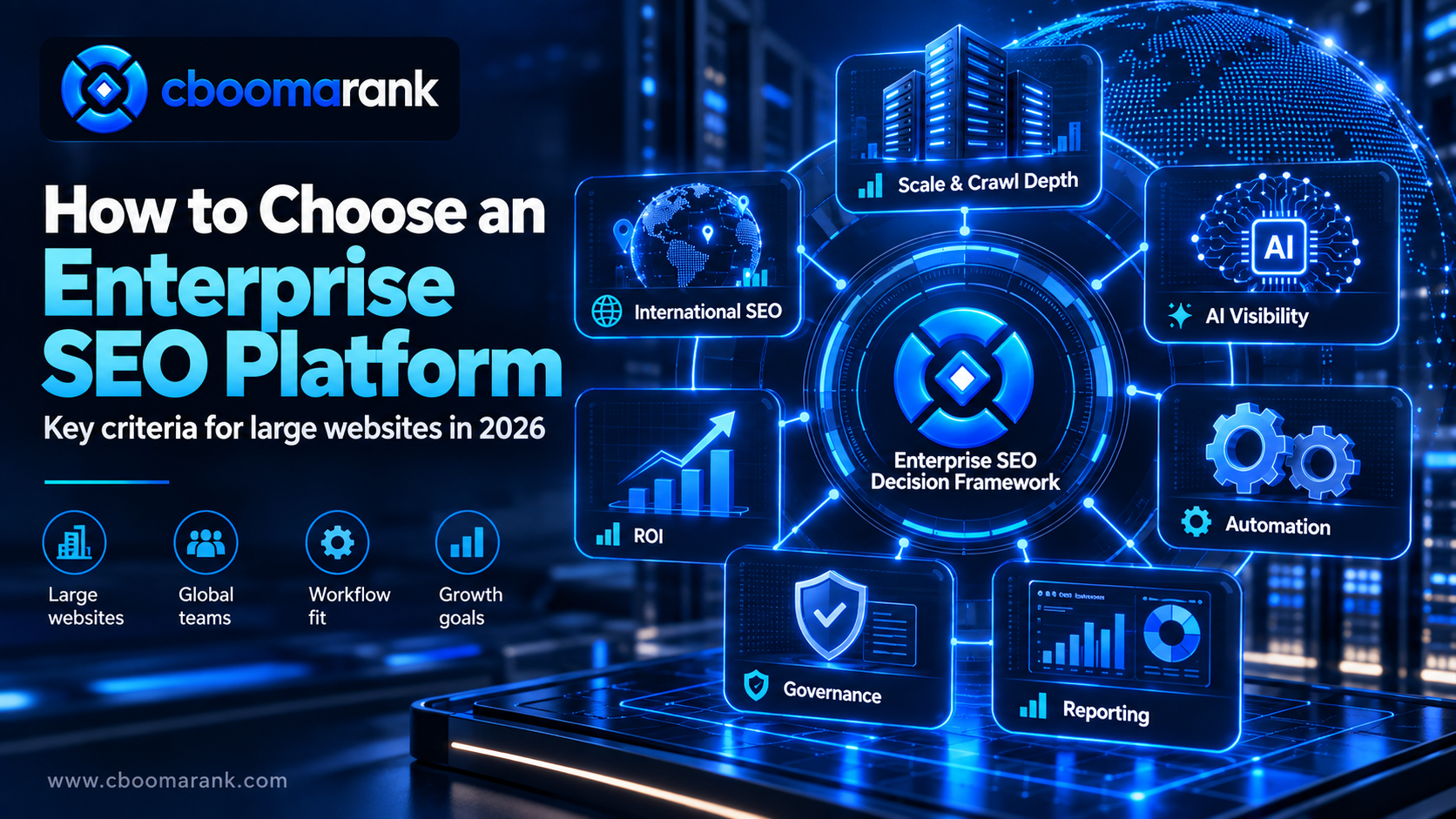 CBOOMARANK enterprise SEO platform selection framework showing crawl scale, international SEO, AI visibility, automation, governance, reporting and ROI