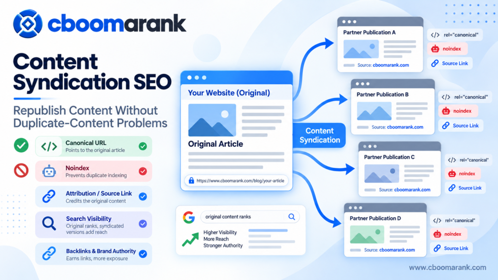 Content syndication SEO workflow showing original content distributed to partner publications with canonical noindex and source link signals