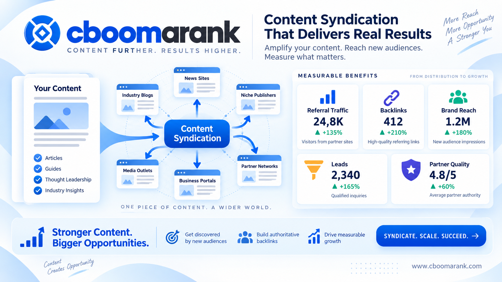 Content syndication strategy showing referral traffic backlinks brand reach leads and partner quality growth metrics