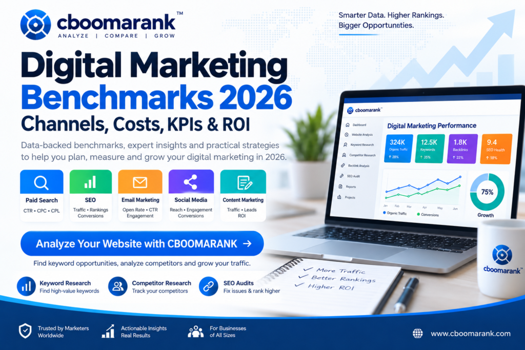 Digital marketing benchmarks 2026 covering channels costs KPIs ROI paid search SEO email social media and content marketing