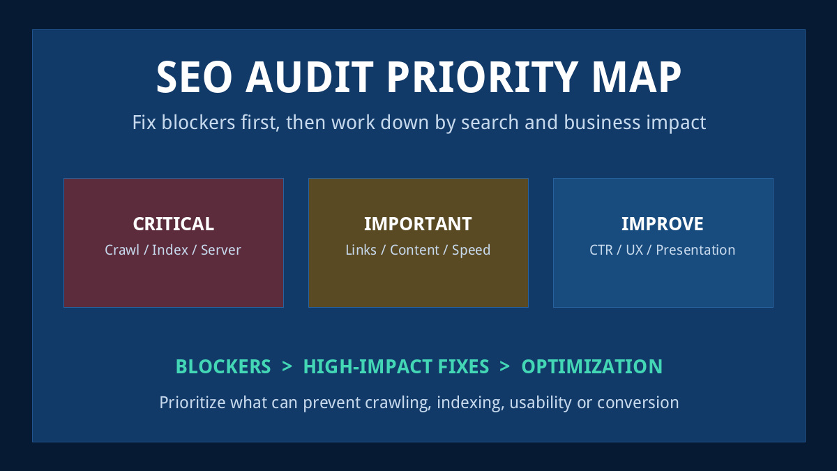 SEO audit priority map showing critical important and improvement tasks