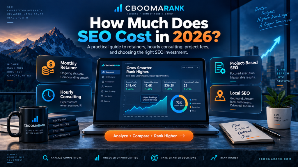 SEO cost infographic comparing monthly retainers, hourly consulting, project fees and local SEO pricing in 2026