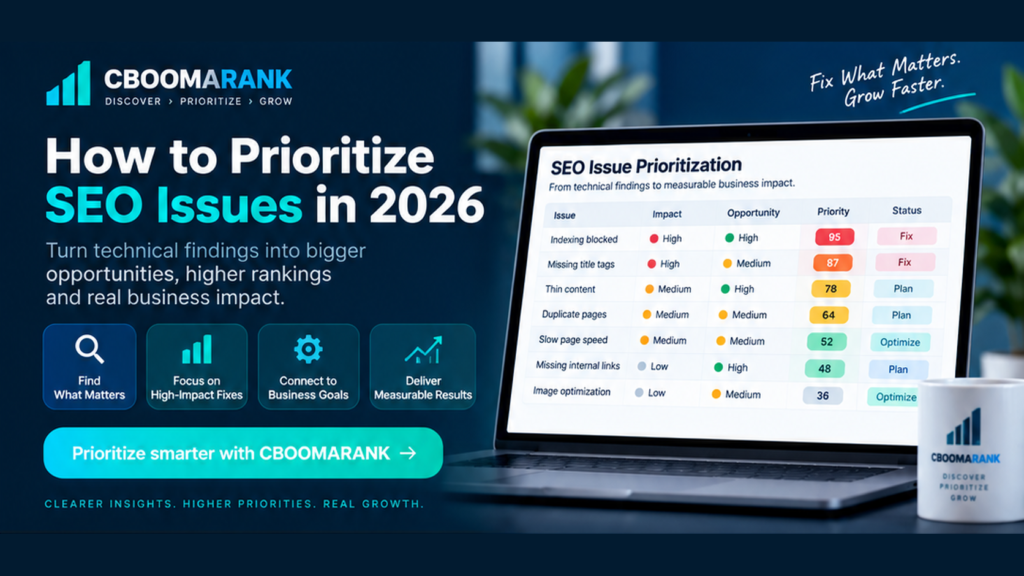 SEO issue prioritization dashboard showing how to decide which SEO problems to fix first
