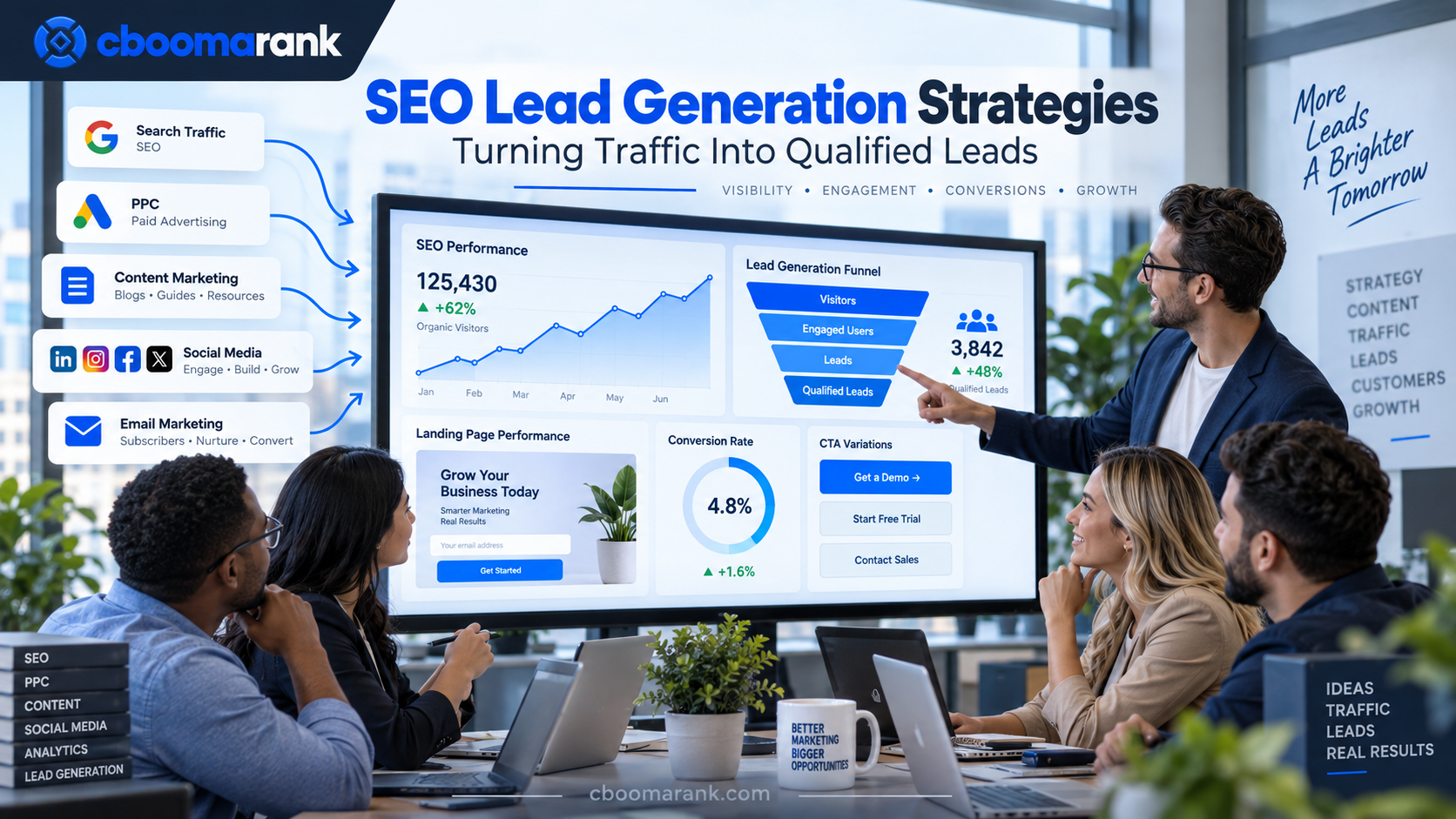 SEO lead generation strategies turning search traffic into qualified leads through PPC, content, social media and email marketing