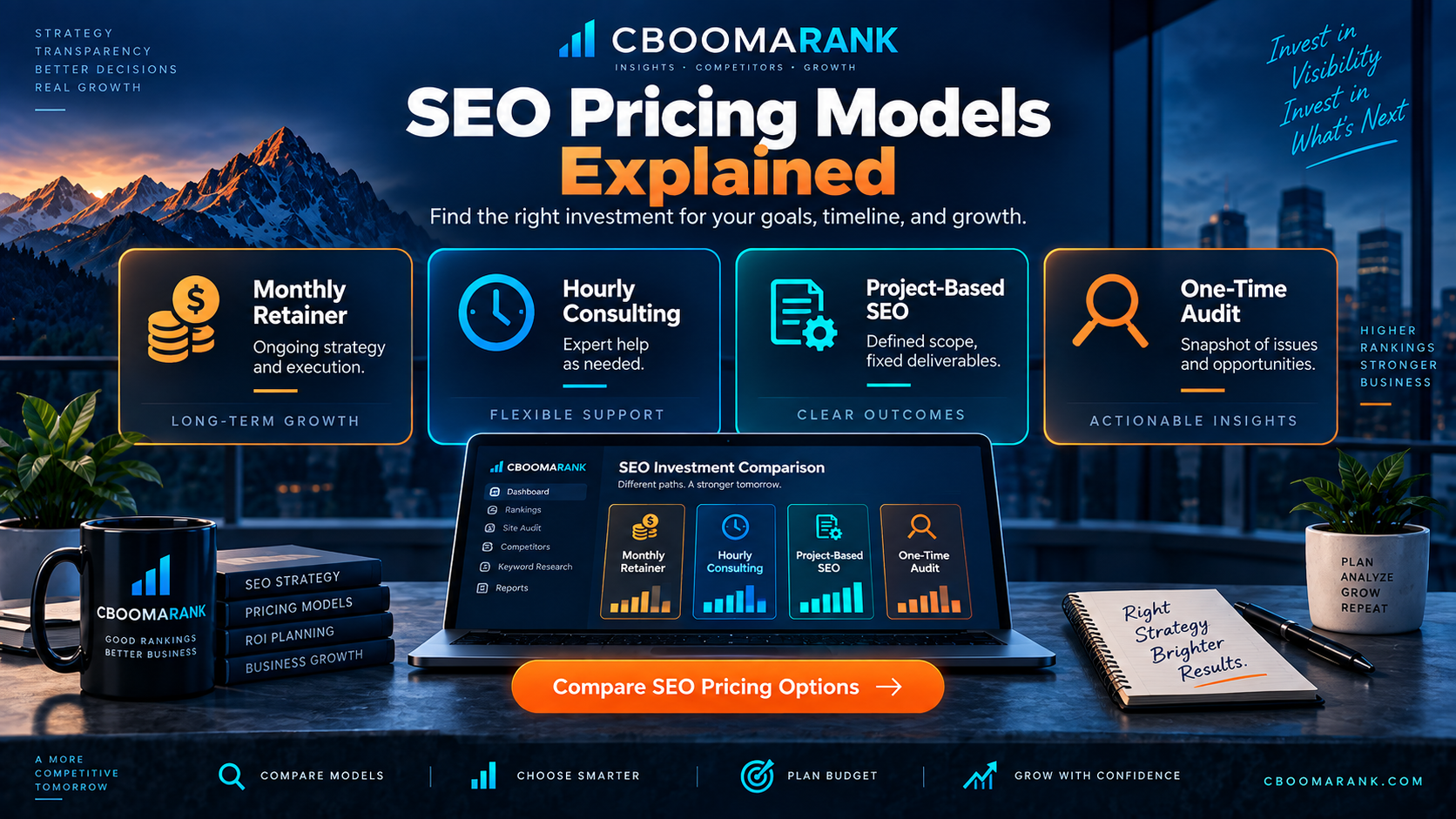 SEO pricing models comparison showing monthly retainers, hourly consulting, project-based SEO and one-time audit options