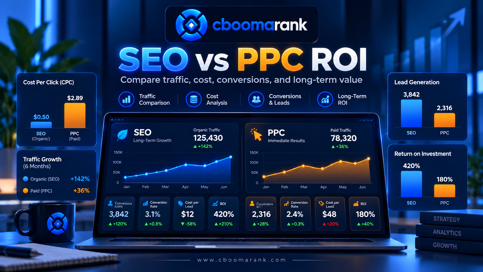 CBOOMARANK SEO vs PPC ROI dashboard comparing traffic, cost, conversions, leads and long-term return on investment