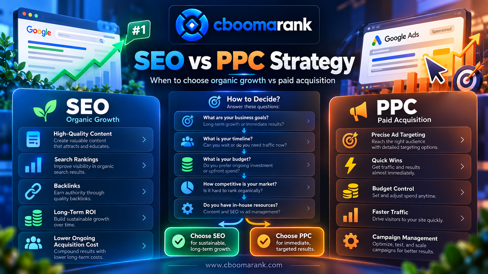CBOOMARANK SEO vs PPC strategy guide comparing organic growth with paid acquisition and helping businesses choose the right channel