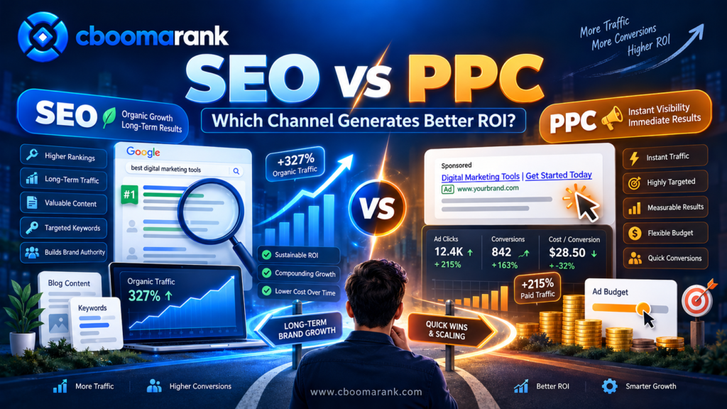 CBOOMARANK SEO vs PPC comparison showing organic growth, paid advertising, traffic, conversions and ROI